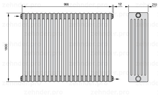 Схема (чертеж) Радиатор Zehnder Charleston 6180/21 №1670 Белый глянцевый RAL 9016